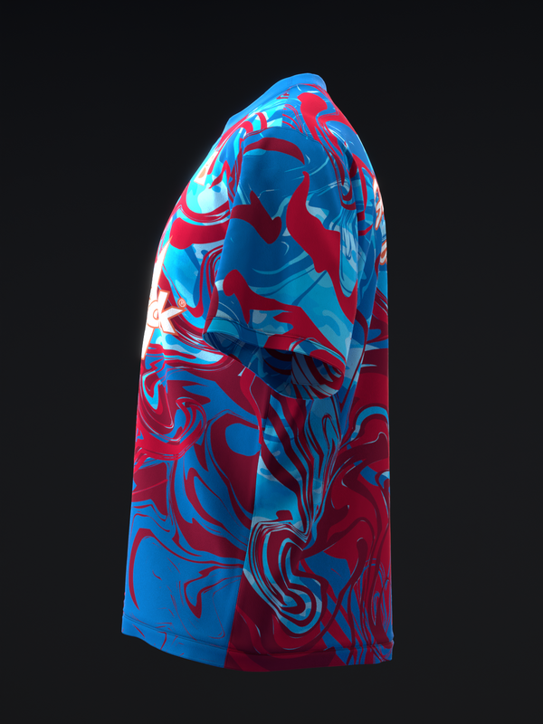 Brunswick Combat bowling jersey with red and blue swirled abstract pattern, side view