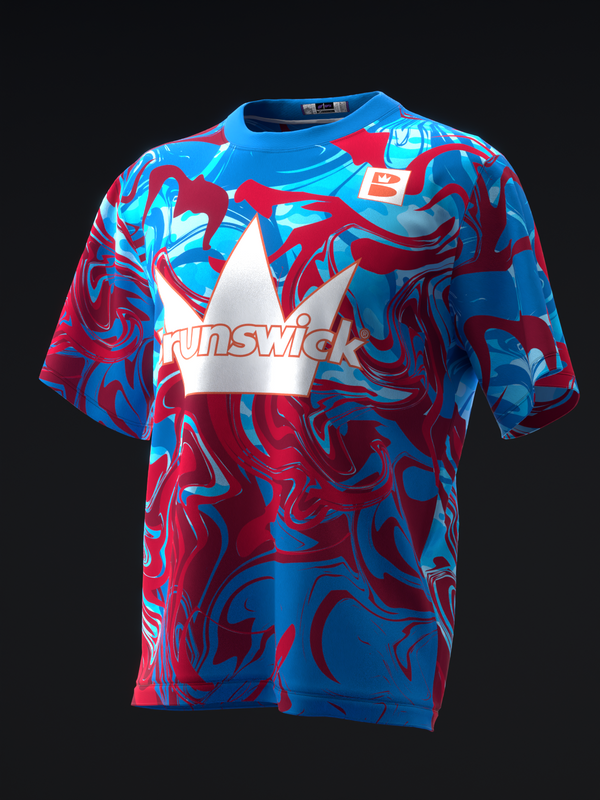 Blue and red marbled bowling jersey with white crown logo and text