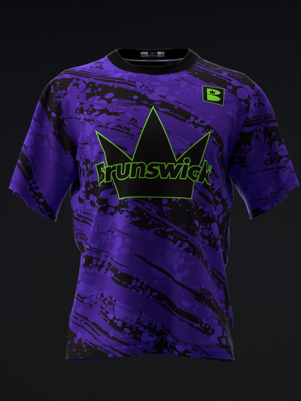 Purple bowling jersey with black splatter pattern and neon green crown graphic