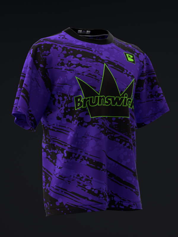 Purple bowling jersey with black grunge pattern and neon green Brunswick crown graphic, front view