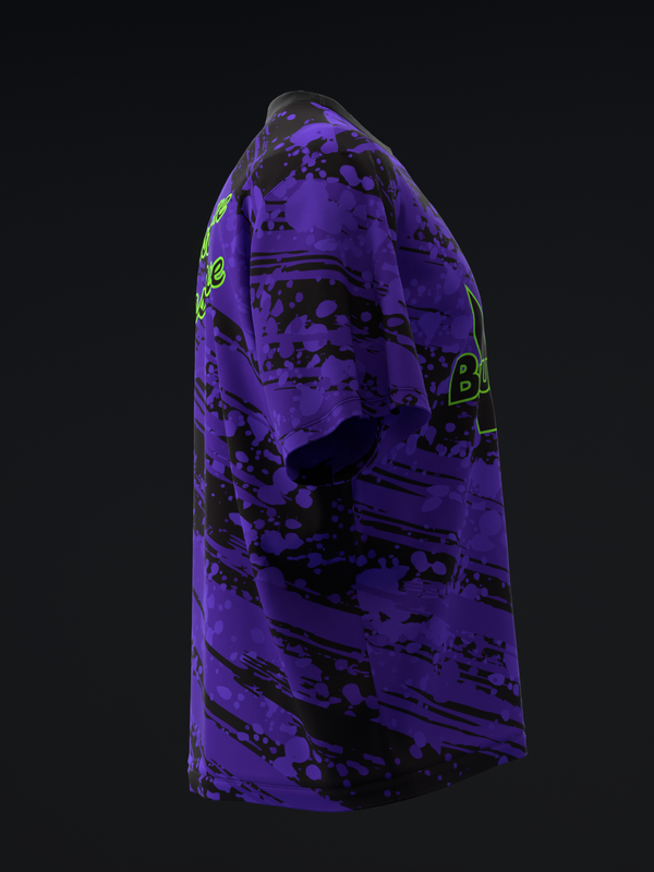 Purple bowling jersey with black splatter pattern and neon green text detail