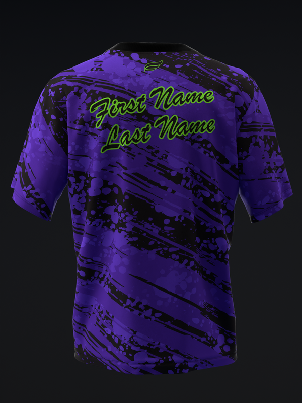 Purple bowling jersey with black splatter pattern and neon green text