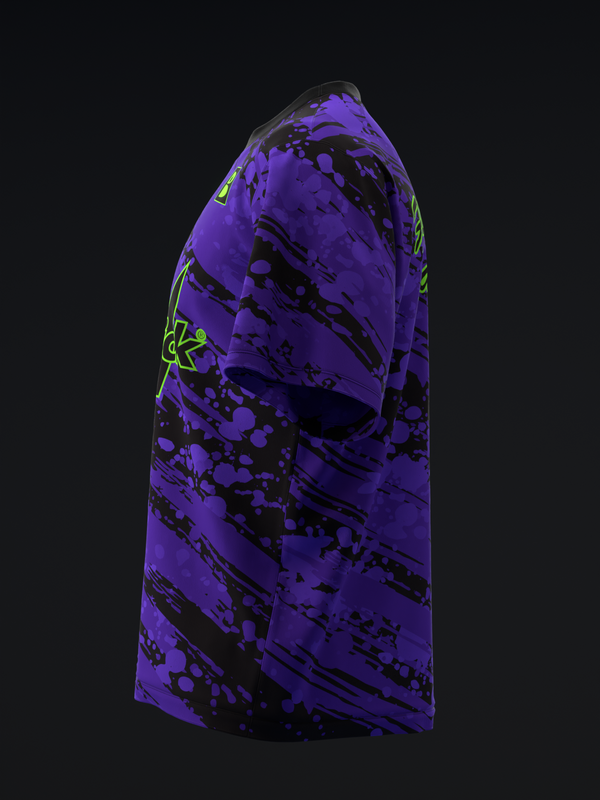 Purple bowling jersey with black splatter pattern and neon accents, side view