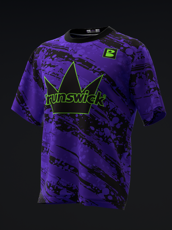 Purple bowling jersey with black distressed pattern and neon green crown graphic front view
