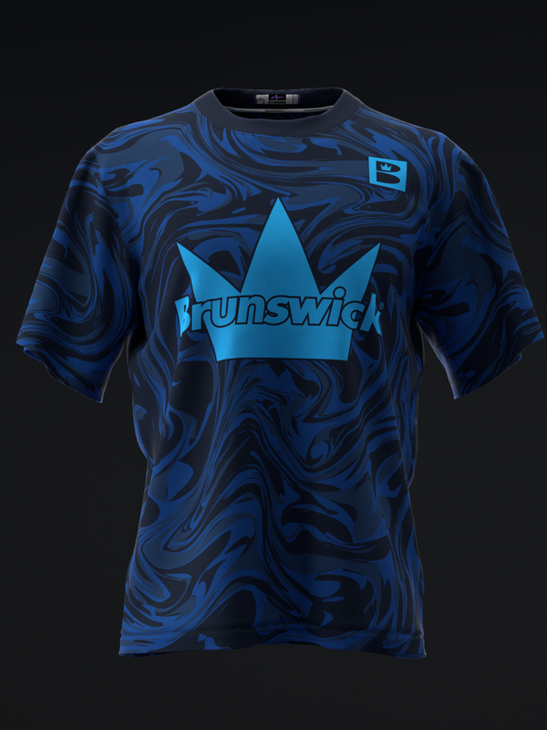 Blue and black marbled bowling jersey with Brunswick crown logo graphic, front view