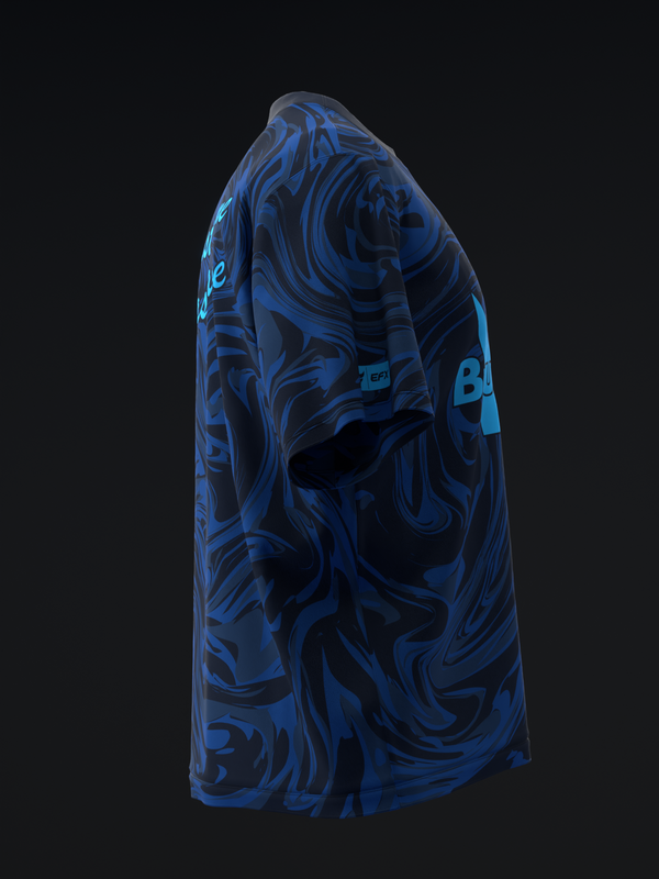 Blue bowling jersey with swirling abstract pattern and dark stripes, side view