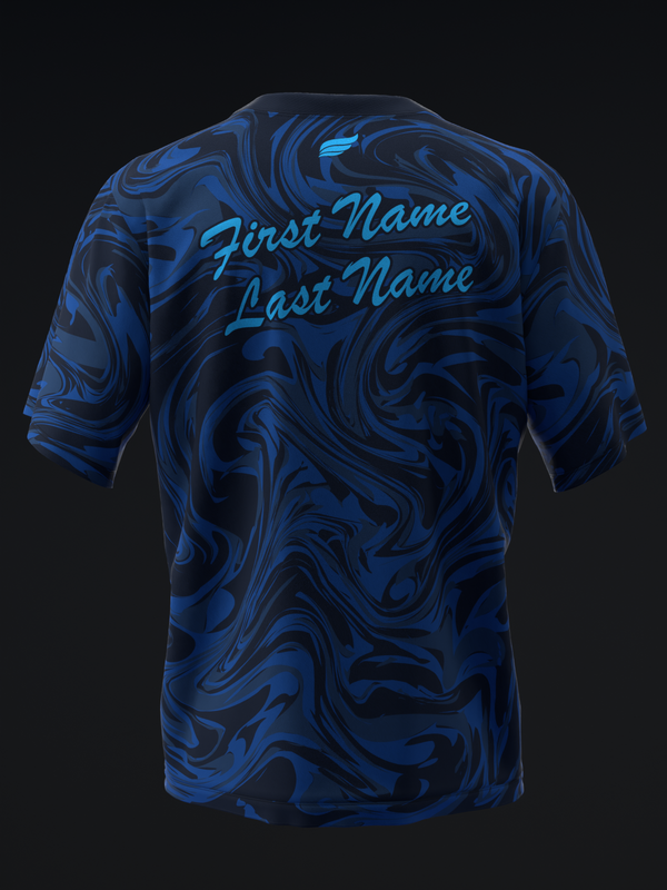 Back view of blue bowling jersey with swirled marble pattern and personalized name text