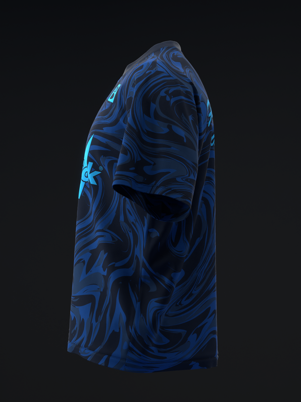 Blue and navy marbled bowling jersey with cyan accents, side view