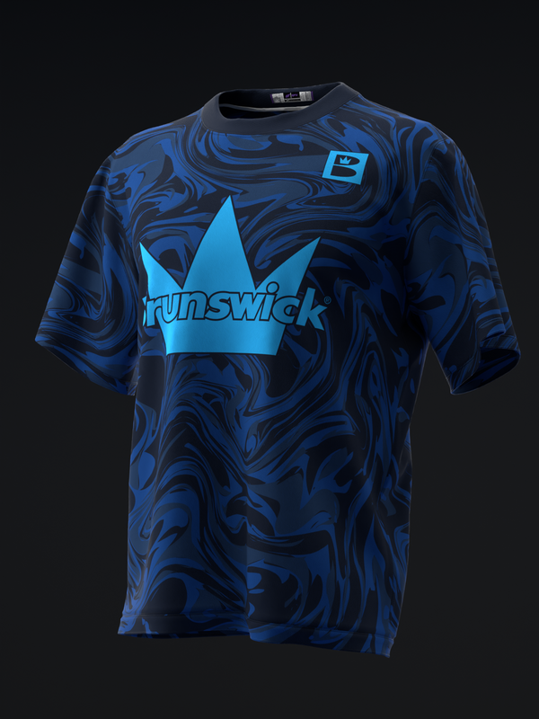 Blue swirl patterned bowling jersey with light blue crown and Brunswick logo, front view