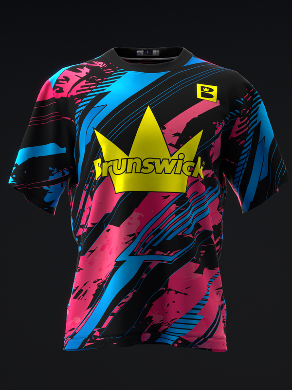 Black bowling jersey with cyan, magenta, and yellow abstract striped design and Brunswick crown logo