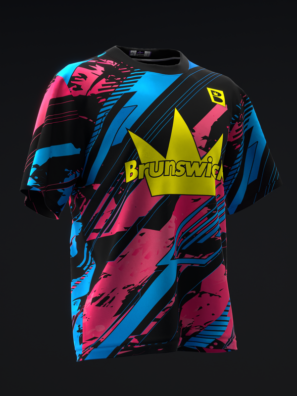 Black bowling jersey with bright blue, hot pink, and yellow geometric pattern and Brunswick logo