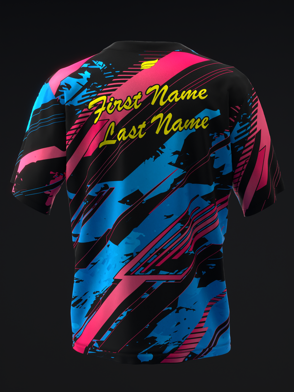 Black bowling jersey with neon pink, blue, and yellow graphic design and personalization text
