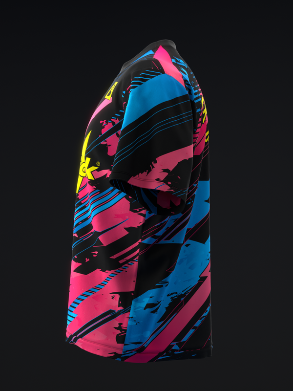 Black bowling jersey with neon pink, blue, and yellow abstract graphic design