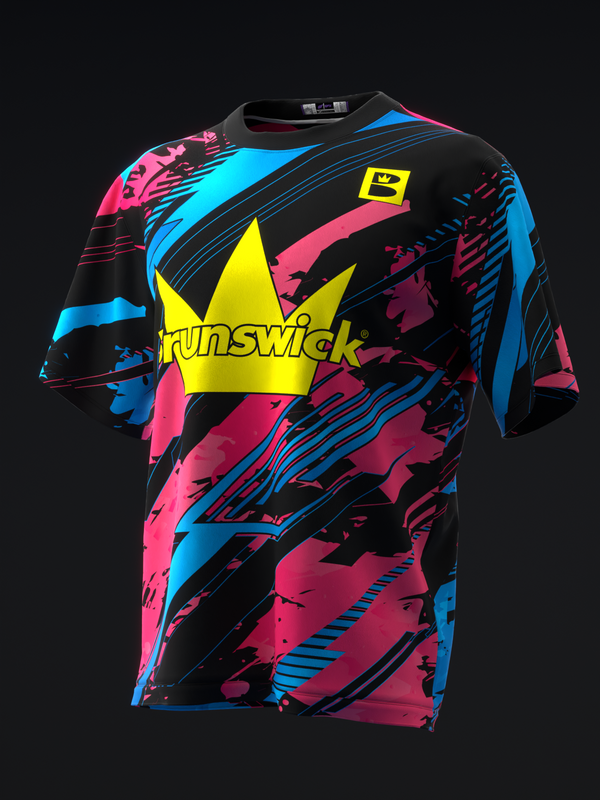 Black bowling jersey with bright cyan, magenta, and yellow abstract geometric design and Brunswick logo