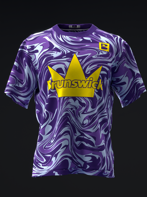 Purple swirled bowling jersey with yellow crown and Brunswick text graphic