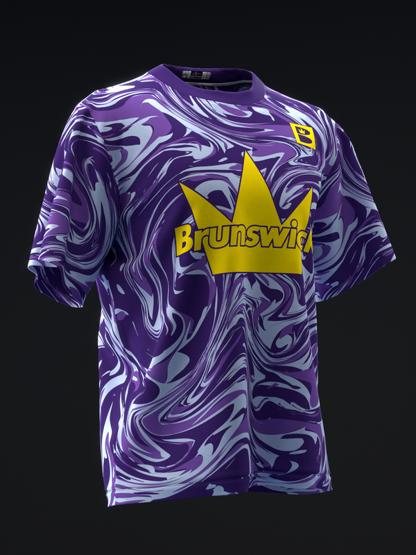 Purple and gray swirled bowling jersey with yellow Brunswick crown logo, front view