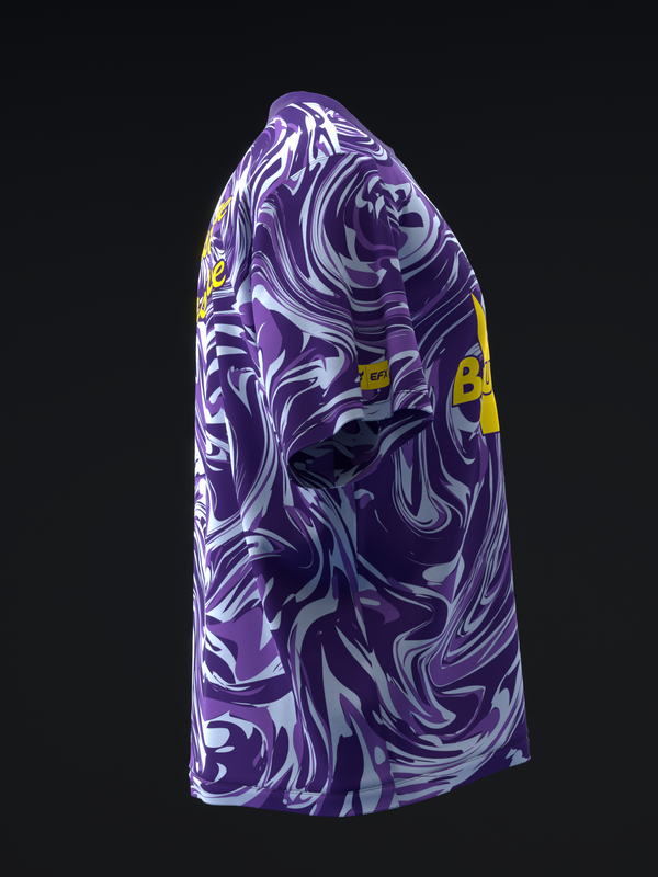 Purple and white marbled bowling jersey with yellow accents, side view