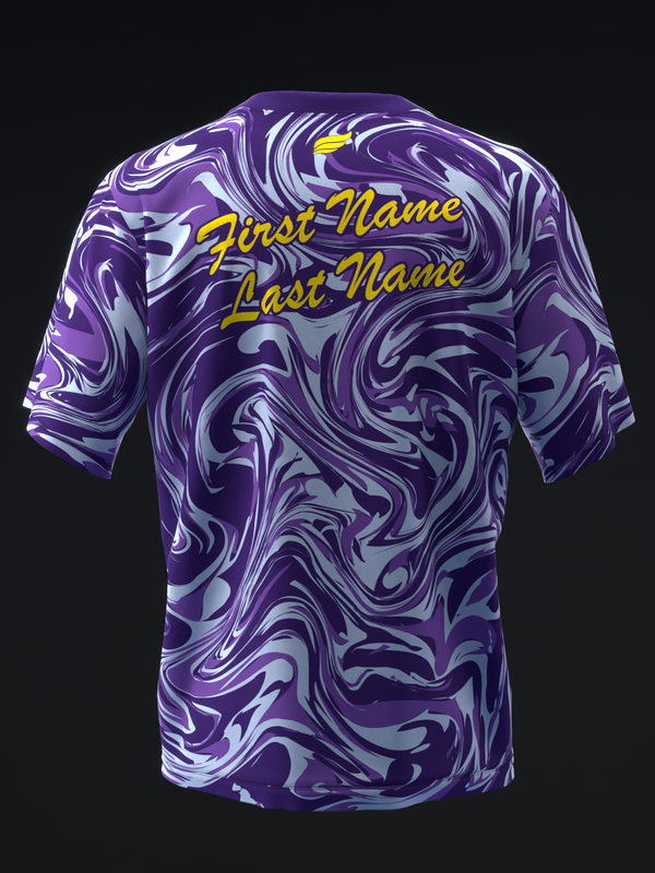 Purple and gray swirled bowling jersey with customizable gold name text on back