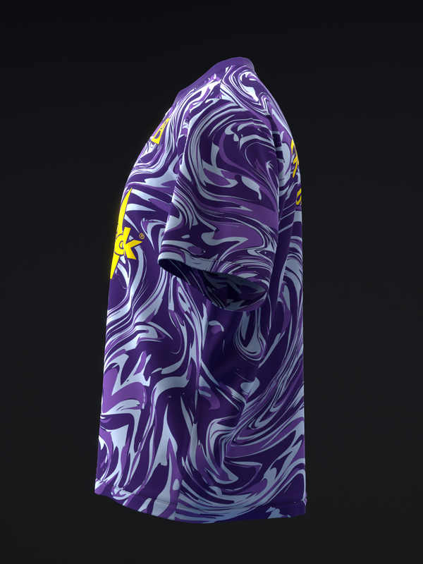 Purple and white swirled bowling jersey with yellow accent graphic on sleeve