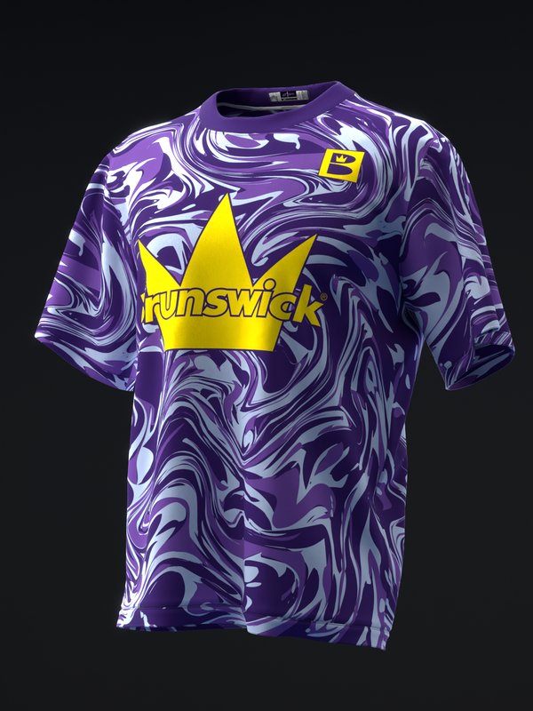 Purple swirled bowling jersey with large yellow crown logo and Brunswick text