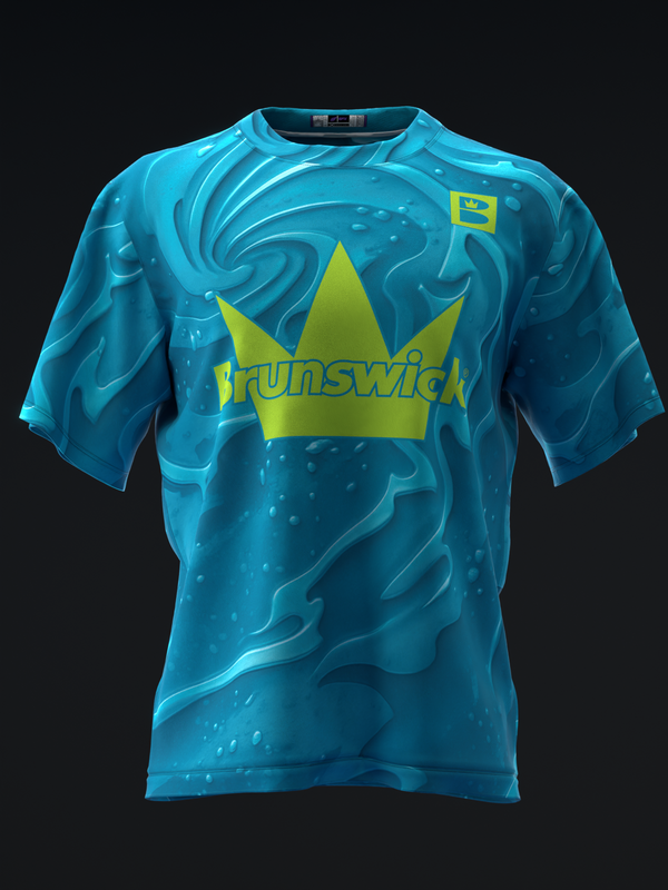 Blue bowling jersey with large yellow crown graphic and Brunswick text