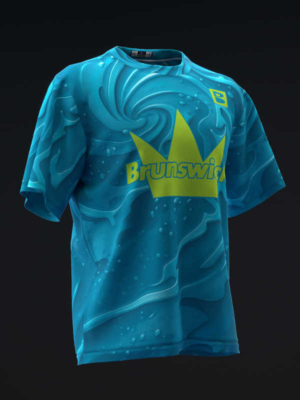 Bright turquoise bowling jersey with swirling water pattern and yellow crown logo