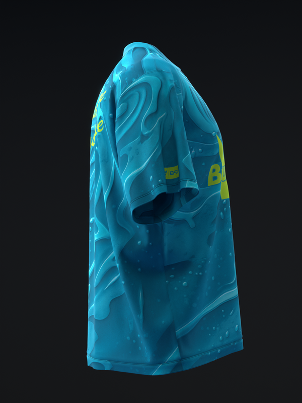 Bright turquoise bowling jersey with abstract swirl pattern and yellow accents, side view
