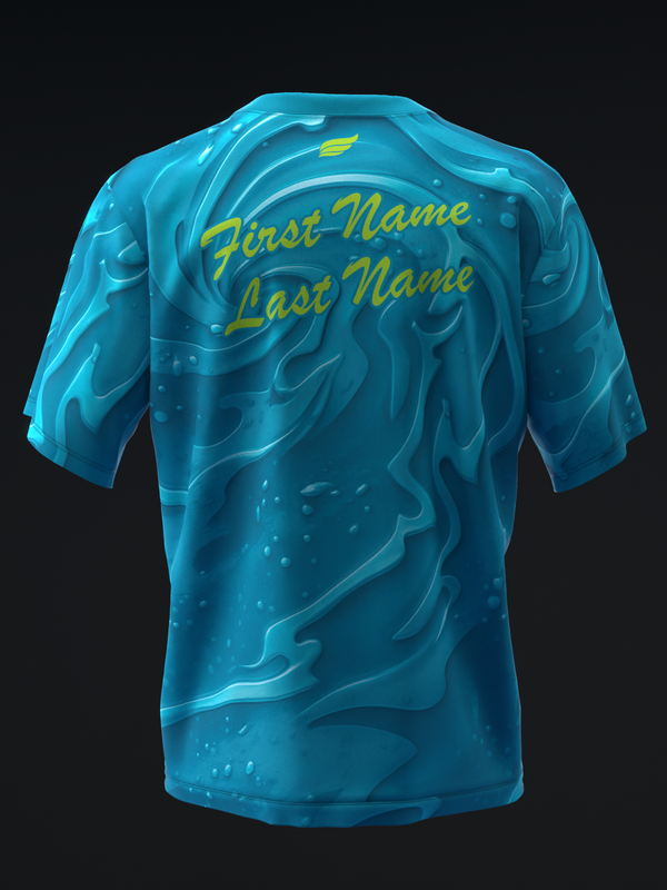 Bright blue bowling jersey back view with swirled water pattern and yellow name text