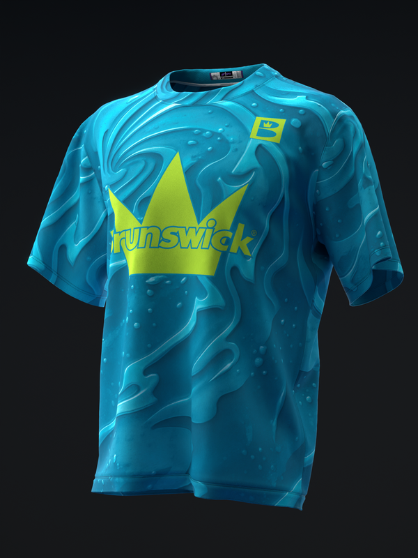Bright turquoise bowling jersey with yellow crown logo and swirling water pattern design