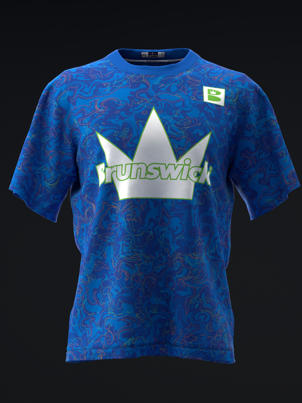 Blue bowling jersey with red swirl pattern and silver crown graphic front view