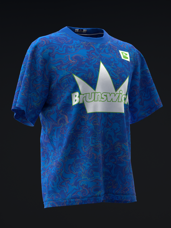 Blue bowling jersey with red swirled pattern and Brunswick crown logo