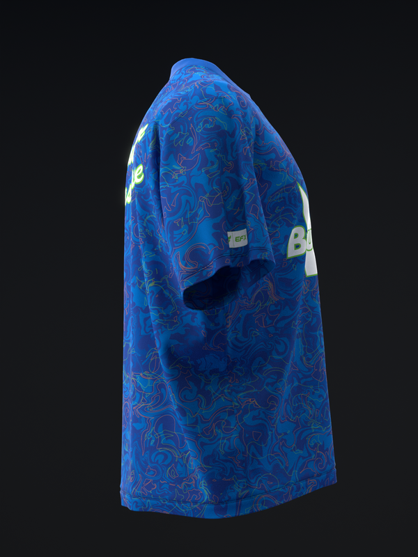 Blue bowling jersey with red swirl pattern, side view displaying design detail