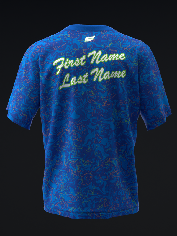 Blue bowling jersey with abstract swirl pattern and yellow custom name text, back view
