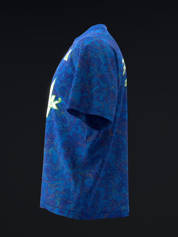 Blue bowling jersey with abstract swirl pattern and neon accent stripe, side view