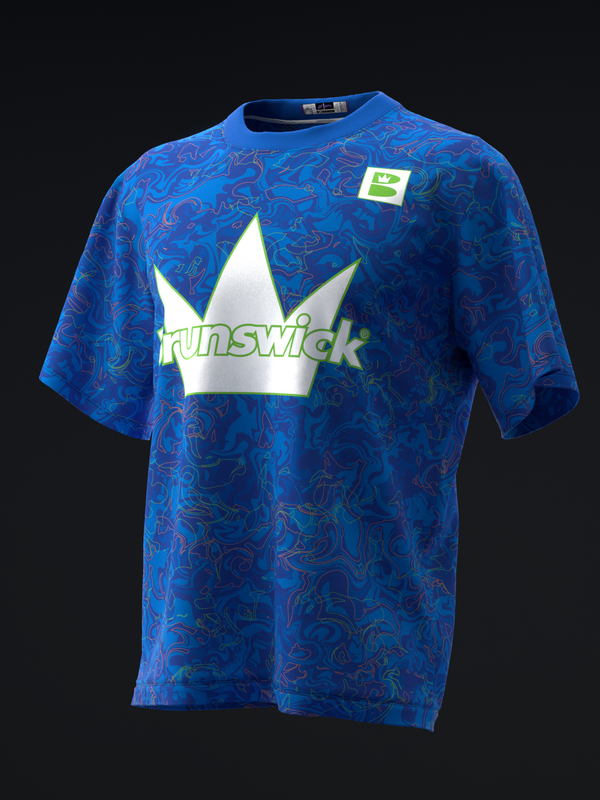 Blue bowling jersey with swirling pattern and white crown graphic with green text