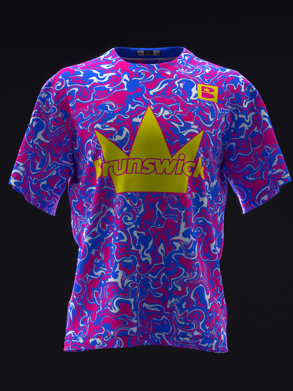 Brunswick bowling jersey with neon swirl pattern and yellow crown graphic, front view