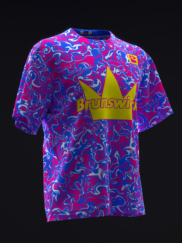 Brunswick bowling jersey with vibrant neon abstract swirl pattern and yellow crown logo