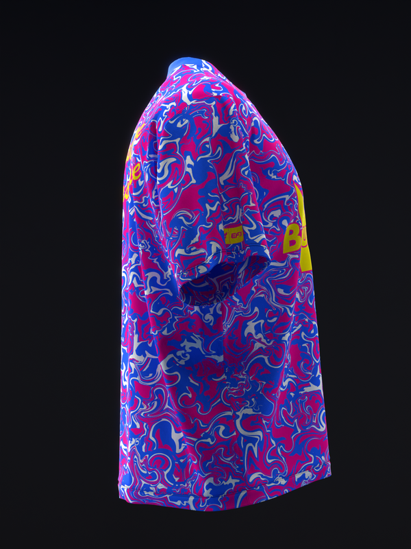 Bowling jersey with vibrant neon abstract swirl pattern in pink, blue, and yellow, side view