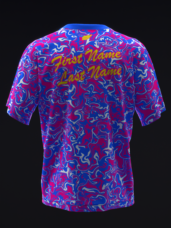 Bright pink and blue bowling jersey with neon swirl pattern, back view