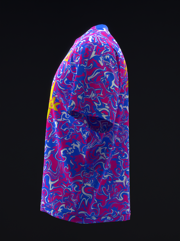 Bowling jersey with neon abstract swirl pattern in magenta, blue, and yellow