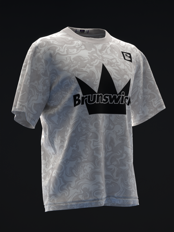 White bowling jersey with marbled swirl pattern and black Brunswick crown logo