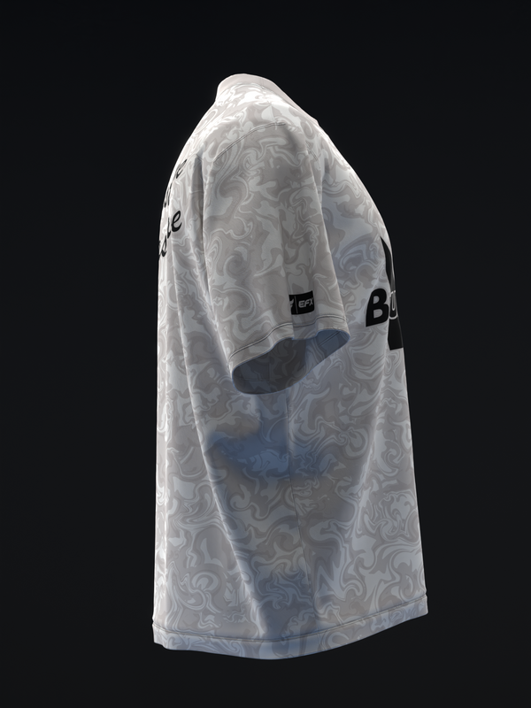 White bowling jersey with scrolling pattern design, side view displayed on mannequin