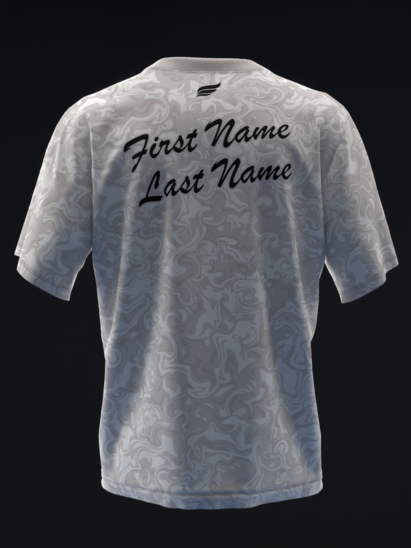 White bowling jersey with swirled pattern, back view with customizable name text