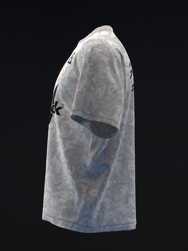 White bowling jersey with abstract swirl pattern, side view shown