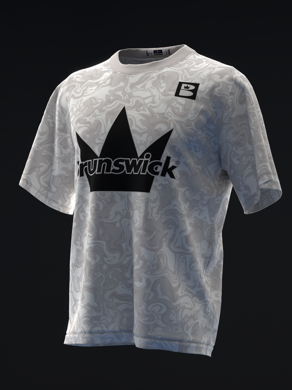 White bowling jersey with marbled texture and black Brunswick crown logo