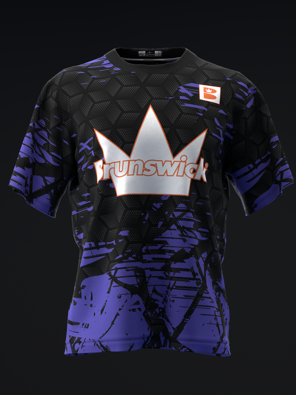 Black and purple bowling jersey with crown logo and Brunswick text on front