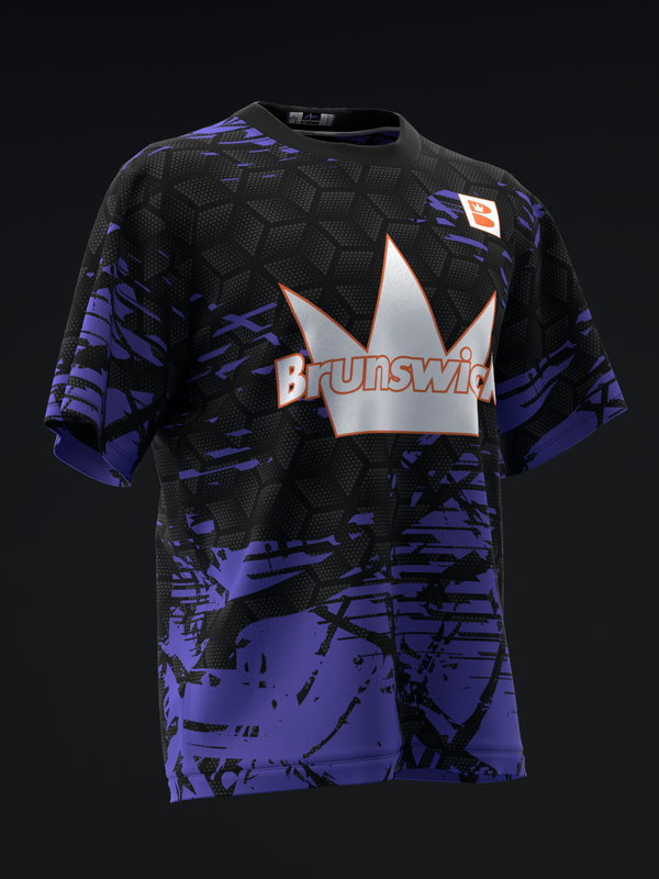 Black and purple bowling jersey with Brunswick crown logo and geometric pattern