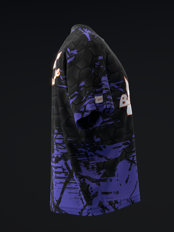 Black and purple bowling jersey with abstract graffiti-style graphic design, side view