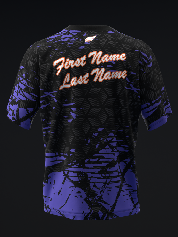 Black and purple bowling jersey with abstract geometric pattern and personalized text