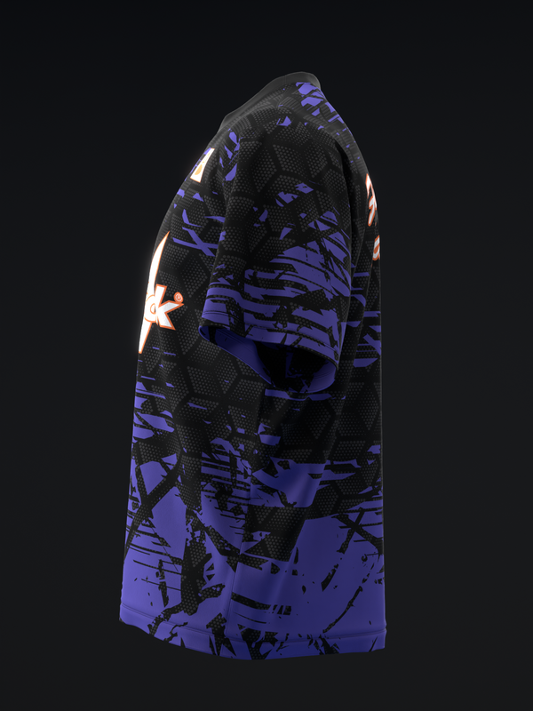 Black and purple bowling jersey with abstract paint splatter design, side view